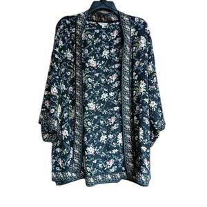 Max Studio Women's Size L Black Floral Kimono Topper Boho Casual